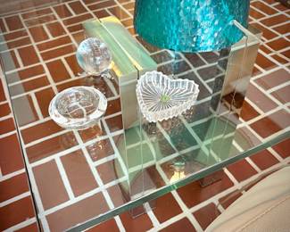 Modern glass and chrome square coffee table and matching end table