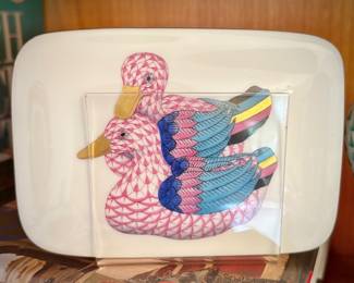Herend porcelain hand-painted fishnet animals - box with 2 pink ducks