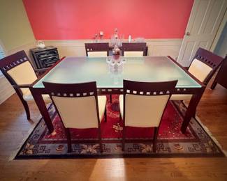 Modern glass & wood dining table and 6 chairs