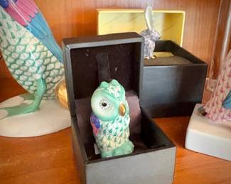 Herend porcelain hand-painted fishnet animals - green mini owl