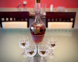 Vintage Bohemian decanter and 4 wine glasses