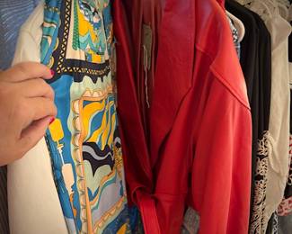 Red leather jacket and skirt suit