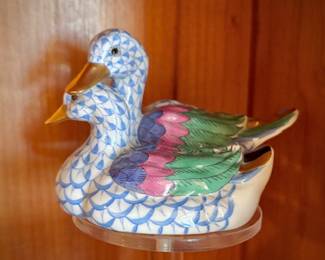Herend porcelain hand-painted fishnet animals - 2 blue ducks