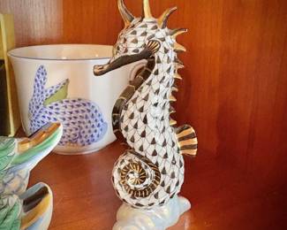 Herend porcelain hand-painted fishnet animals - black seahorse on iridescent shell