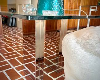 Modern glass and chrome square coffee table and matching end table