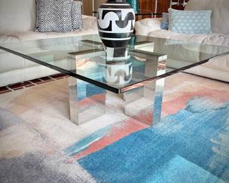 Modern glass and chrome square coffee table and matching end table
