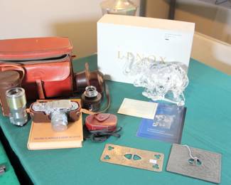 Vintage Leica iiiF with Case & Accessories, Leica Manual, Lenox Elephant Figures, NCR Bill Press