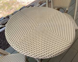 H19 - $150. Tommy Hilfiger Cafe Set. Small round table & 2 chairs. Table is 27.5" round x 29.5" tall. Chairs are 19" wide x 34" tall.