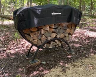 H37 - $130. Woodhaven 5' Crescen Firewood Rack and Cover with Support Bases.