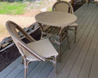 H19 - $150. Tommy Hilfiger Cafe Set. Small round table & 2 chairs. Table is 27.5" round x 29.5" tall. Chairs are 19" wide x 34" tall.