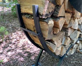 H37 - $130. Woodhaven 5' Crescen Firewood Rack and Cover with Support Bases.