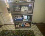 Book case, adult and kids books. Toys, puzzles, car matte.