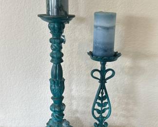 (2) Mismatched Turquoise Candle Holders w/ Candles