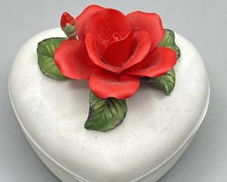 White Porcelain Musical Trinket Box w/ 3D Red Rose