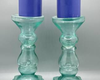 Sea Green Glass Candle Holders w/ Blue Candles