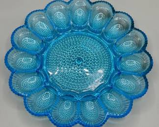 Vintage Blue Hobnail Glass Egg Plate