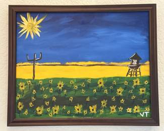 Colorful Framed Painting of Sunflowers in Field