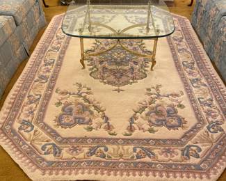 Beautiful pastel floral wool living room rug no pets or smoking also available Ethan Allen, brass and thick glass rounded square coffee table