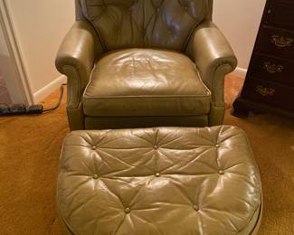Vintage Ethan Allen leather chair, and ottoman on brass wheels $500
