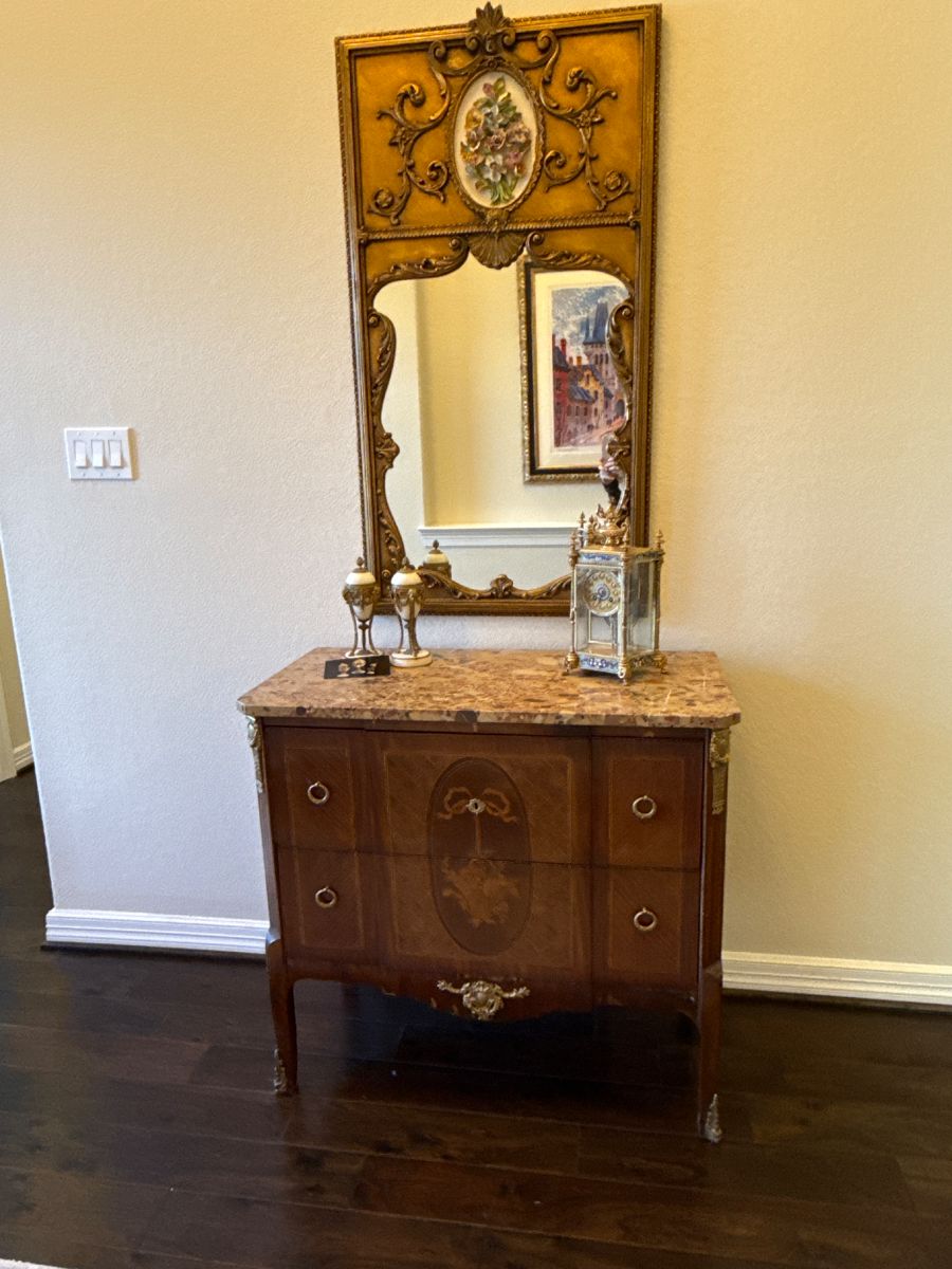 Louis XVI Style Guilded Mirror, Louis XV Style Gilt Bronze Commode, 19th Century French Cloisonné Enamel Clock