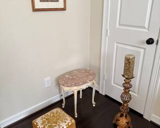 Vintage pink Portuguese marble top table. Traditional French Regency footstool. Vintage tapestry Notre Dame cathedral print Paris.