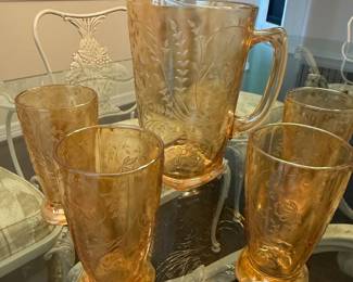 Vintage Carnival Glass Pitcher and Glasses 