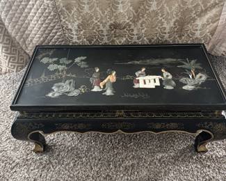 Chinese black liquor, coffee table mounted with hard stone figures, vintage.