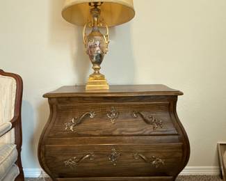 French painted table lamp 19th century French porcelain. Baker furniture French Provincial Louis XV carved Bombay chest.