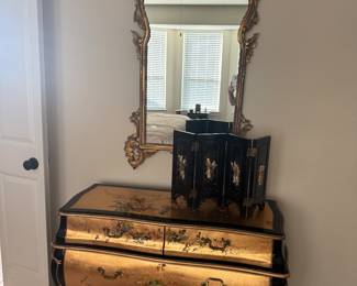 Vintage LaBarge, Rocco style giltwood mirror. Oriental black lacquer hand-painted folding screen, table top. Oriental vintage large gold hand-painted, lacquer chest.