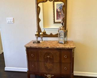 Louis XVI Style Guilded Mirror, Louis XV Style Gilt Bronze Commode, 19th Century French Cloisonné Enamel Clock