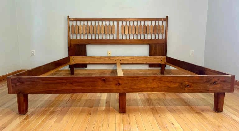 001 MidCentury Modern Walnut Bed Frame Handcrafted with Sculpted Paddle Slat Headboard