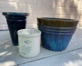 Three Planters Glazed Blue Vintage Western Stoneware
