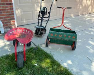 Vintage Garden Tool Trio Scotts Spreader, Yard Tiller Tractor Seat Cart