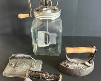 Antique Household Tools Butter Churn Irons
