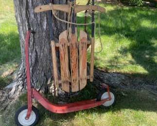 Vintage Wooden Sled Radio Flyer Style Red Scooter