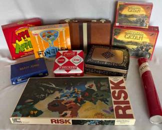 Assortment of Vintage Modern Games Risk, Catan, Mahjong, CocaCola Checkers More