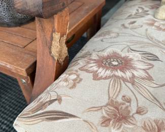 S138 - $250. Plow & Hearth Outdoor Solid Wood Patio Set. Includes Couch, (2) Chairs, and (2) end tables. The Cushions are in great condition. The framing of the couch has teething marks from a dog. The chairs luckily do not. Please see photos. Couch Dimensions: 53W x 31D x 29T / Chair Dimensions: 29W x 31D x 29T / End Tables: 18 x 18 x 17T