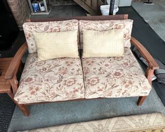 S138 - $250. Plow & Hearth Outdoor Solid Wood Patio Set. Includes Couch, (2) Chairs, and (2) end tables. The Cushions are in great condition. The framing of the couch has teething marks from a dog. The chairs luckily do not. Please see photos. Couch Dimensions: 53W x 31D x 29T / Chair Dimensions: 29W x 31D x 29T / End Tables: 18 x 18 x 17T