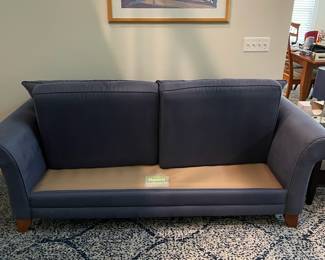 S1 - $300 - Blue 3 Seater Sofa. The brand is Bassett. In good condition. No stains or signs of wear. Smoke free home. 88"w x 37"d x30"t