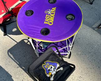 S154 - $40 for the pair - ECU Pop Up Table with Cup Holders and Folding Stool/ Seat with Storage.