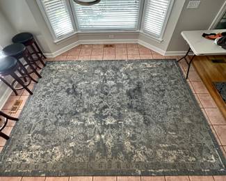 S74 - $80 - Oregon Collection Area Rug 8' x 11'. Color: Blue. Made in Turkey. From a dog loving household. No stains or eye catching wear though. A light cleaning would look nice.