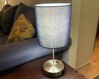 S5 - $10 each - 2 Available. Touch Table Lamps 15"tall w/ a Navy Blue lamp shade. The base of the lamp has 2 USB ports. Good condition.