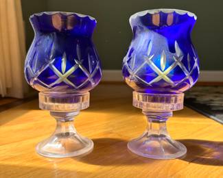 S106 - $30 - Cobalt Blue Cut to Clear Votive Candle Holders