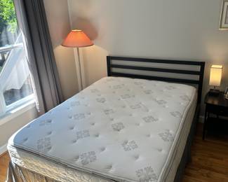 S62 - $75 - Queen Black Metal Bed Frame with Headboard. Mattress is included if you'd like it - does have some staining.