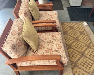 S138 - $250. Plow & Hearth Outdoor Solid Wood Patio Set. Includes Couch, (2) Chairs, and (2) end tables. The Cushions are in great condition. The framing of the couch has teething marks from a dog. The chairs luckily do not. Please see photos. Couch Dimensions: 53W x 31D x 29T / Chair Dimensions: 29W x 31D x 29T / End Tables: 18 x 18 x 17T