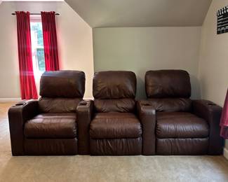 S53 - $600 - Lane Furniture. Home Theater Seating for six. Chairs recline and are equipped with cup holders for the ultimate at home movie experience. The leather is in good condition. No signs of damage. From a smoke free home. Still lots of life left in these luxurious pieces! Easily disassembles into 6 different pieces. 104"w x 34"d x 40t. PLEASE HAVE HELP TO MOVED THESE DOWN THE STAIRS.