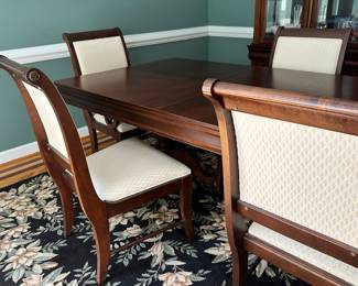 S41 - $350 - Dining Table w/ 6 chairs. This solid wood table is in great condition as it was always covered with a topper. In these photos the leaf is included measuring 100"W x 42"D x 30"T. Without the leaf the table measures 64"W x 42"D x 30"T.
