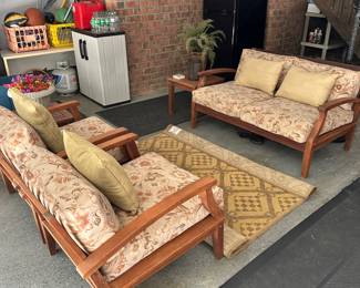 S138 - $250. Plow & Hearth Outdoor Solid Wood Patio Set. Includes Couch, (2) Chairs, and (2) end tables. The Cushions are in great condition. The framing of the couch has teething marks from a dog. The chairs luckily do not. Please see photos. Couch Dimensions: 53W x 31D x 29T / Chair Dimensions: 29W x 31D x 29T / End Tables: 18 x 18 x 17T