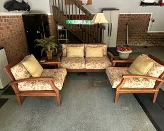 S138 - $250. Plow & Hearth Outdoor Solid Wood Patio Set. Includes Couch, (2) Chairs, and (2) end tables. The Cushions are in great condition. The framing of the couch has teething marks from a dog. The chairs luckily do not. Please see photos. Couch Dimensions: 53W x 31D x 29T / Chair Dimensions: 29W x 31D x 29T / End Tables: 18 x 18 x 17T