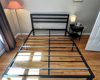 S62 - $75 - Queen Black Metal Bed Frame with Headboard. Mattress is included if you'd like it - does have some staining.